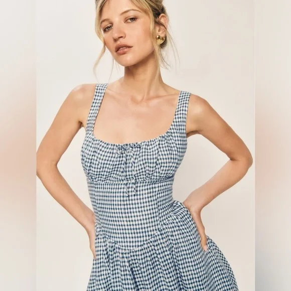 NEW Reformation Balia Midi Linen Dress Slate Check Plaid Navy White | US 2 UK 4 - Picture 6 of 15